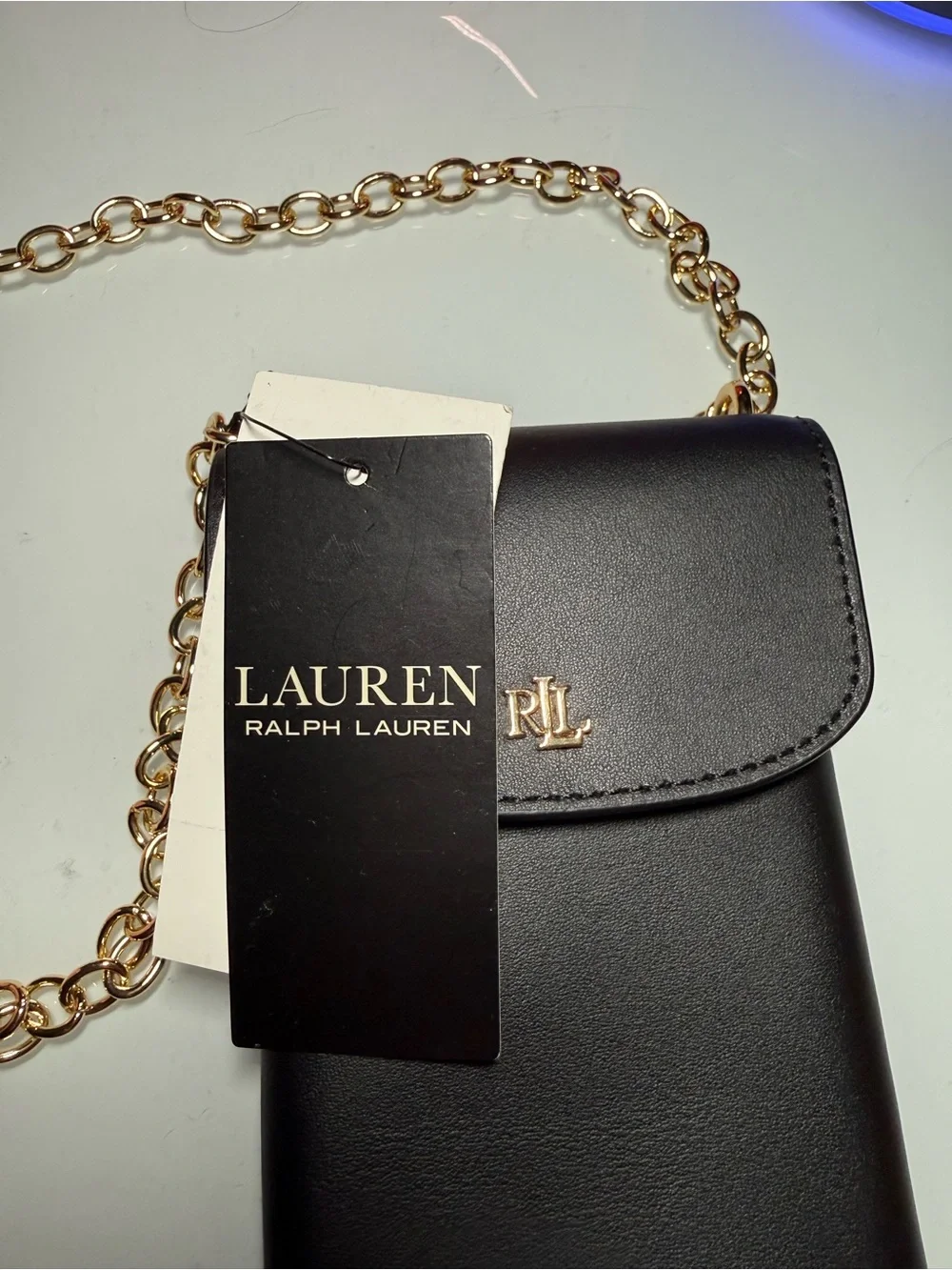 Ralph Lauren Black Leather Crossbody Phone Pouch with Gold Chain